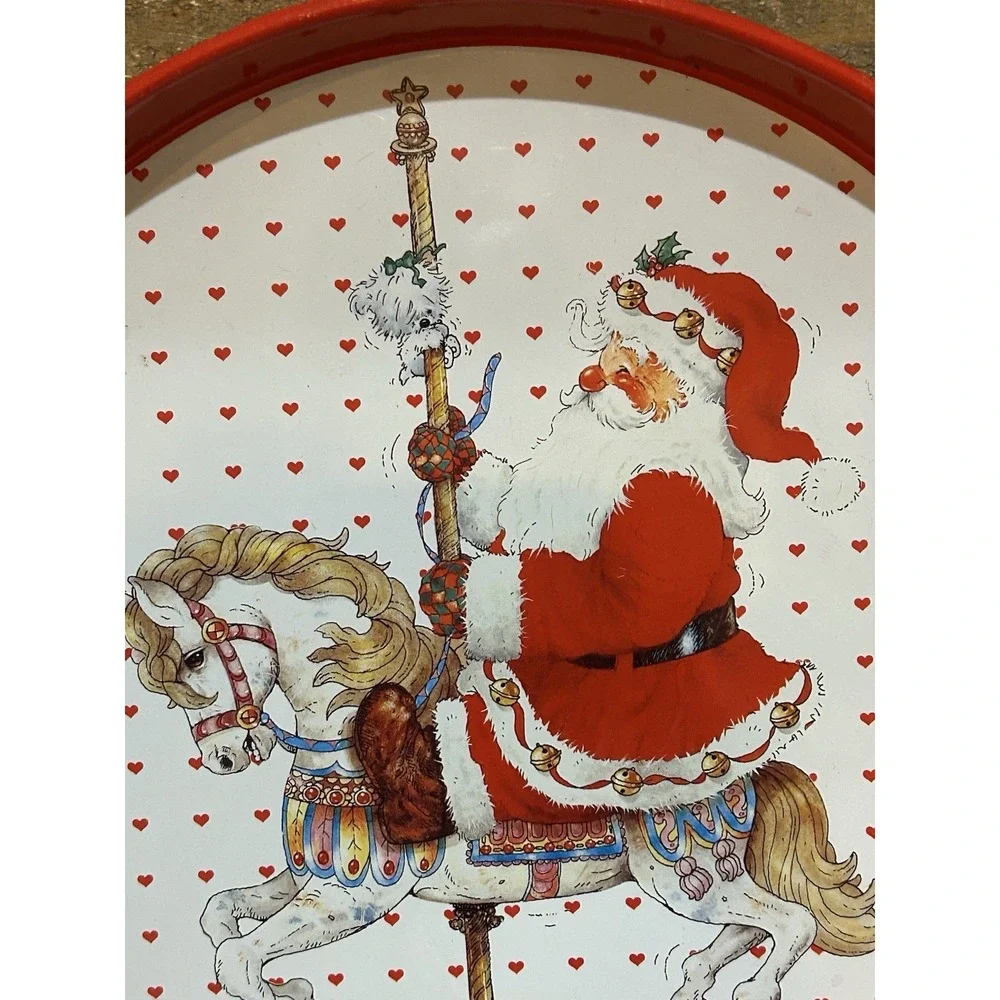 VTG  1991 Giordano / Giftco Santa Riding A Carousel Horse Round Metal Tin Tray